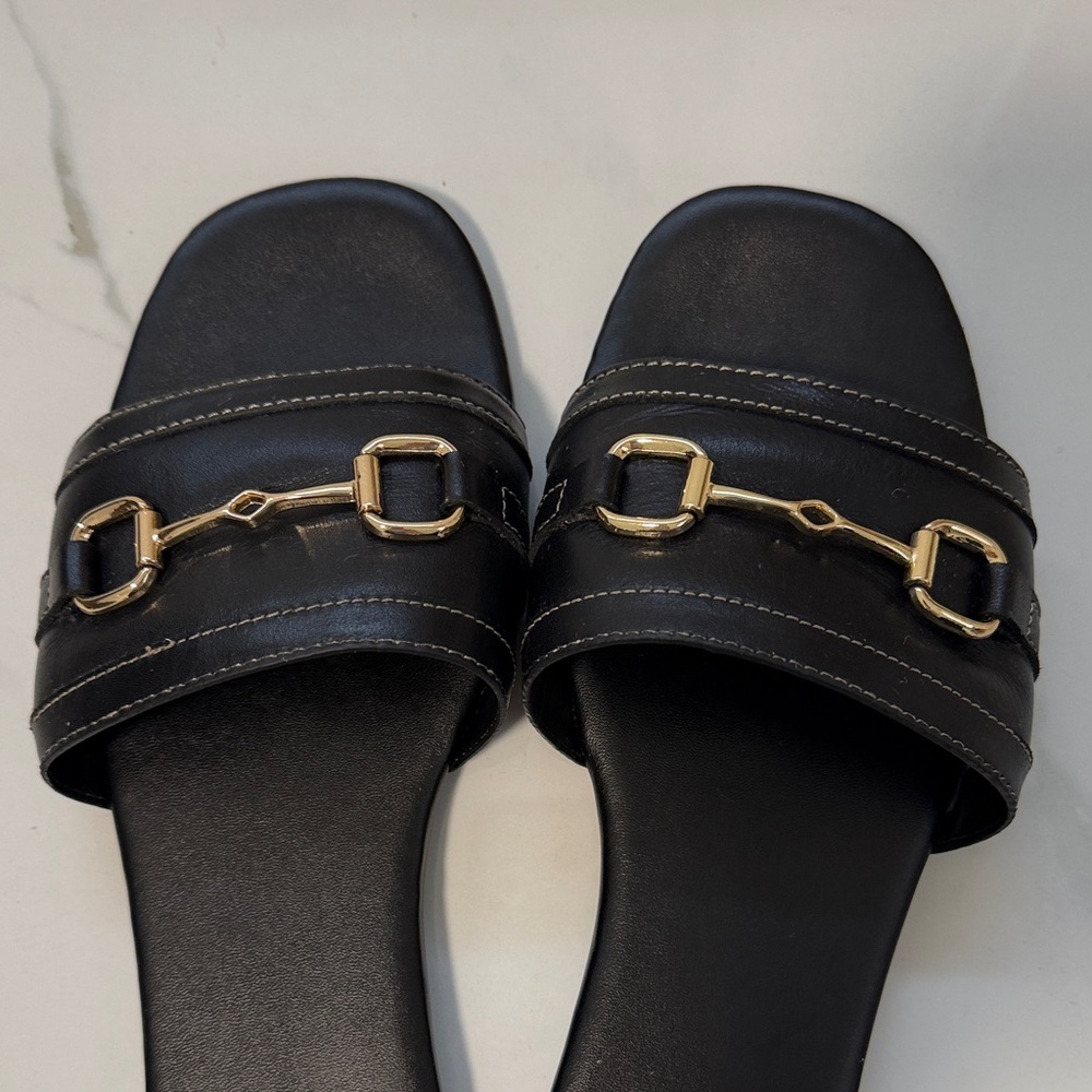 Mango Black Slide Sandals with Gold Horsebit Trim - Picture 7 of 8